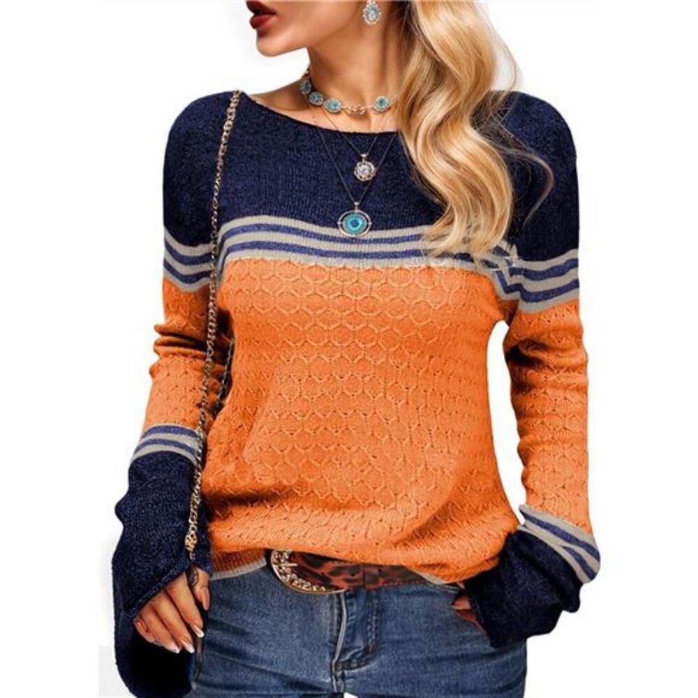 Womens Sweaters Fall Colorblock Pullover Long Sleeve Round Neck Cute Fitted